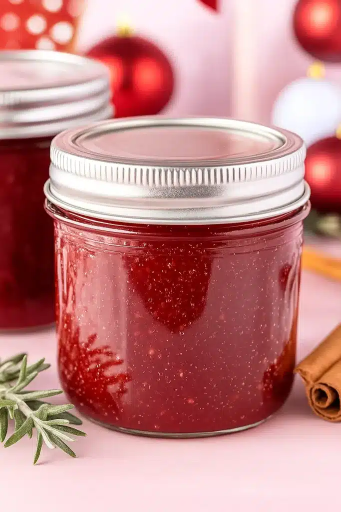 Glass jar of homemade Christmas jam with silver lid on pink surface