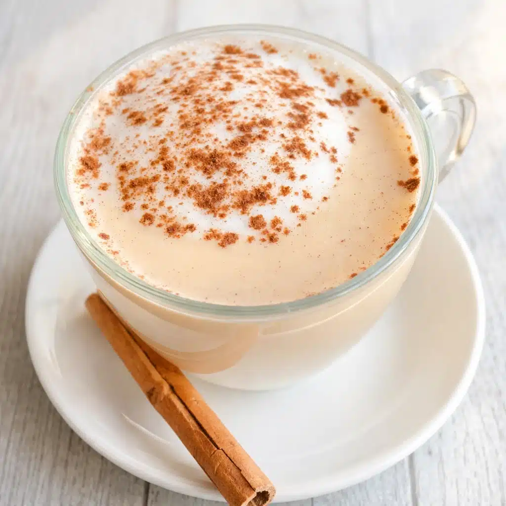 Homemade Vanilla Cinnamon Milk Tea with frothy foam and cinnamon stick on saucer