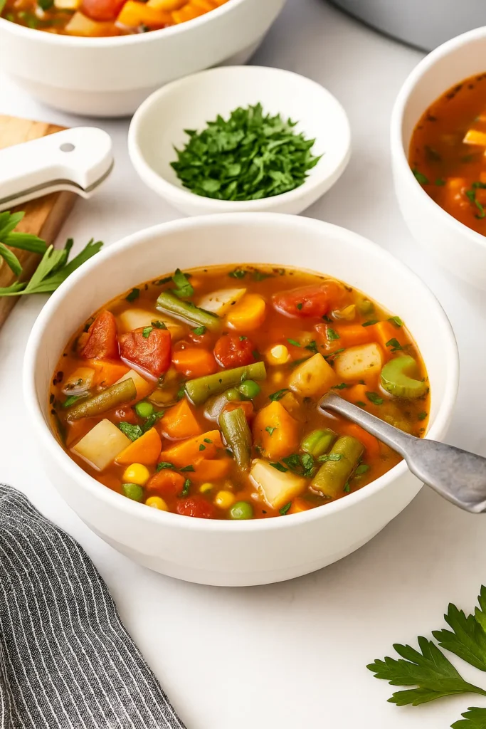 Bowl of vegetable soup with carrots, potatoes, and green beans