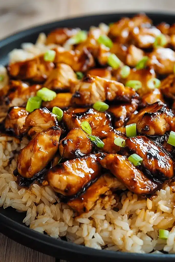 Honey BBQ Chicken Rice | Easy & Delicious Family Favorite 6 Honey BBQ chicken with rice topped with green onions in a rustic bowl