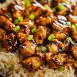 Honey BBQ chicken with rice topped with green onions in a rustic bowl