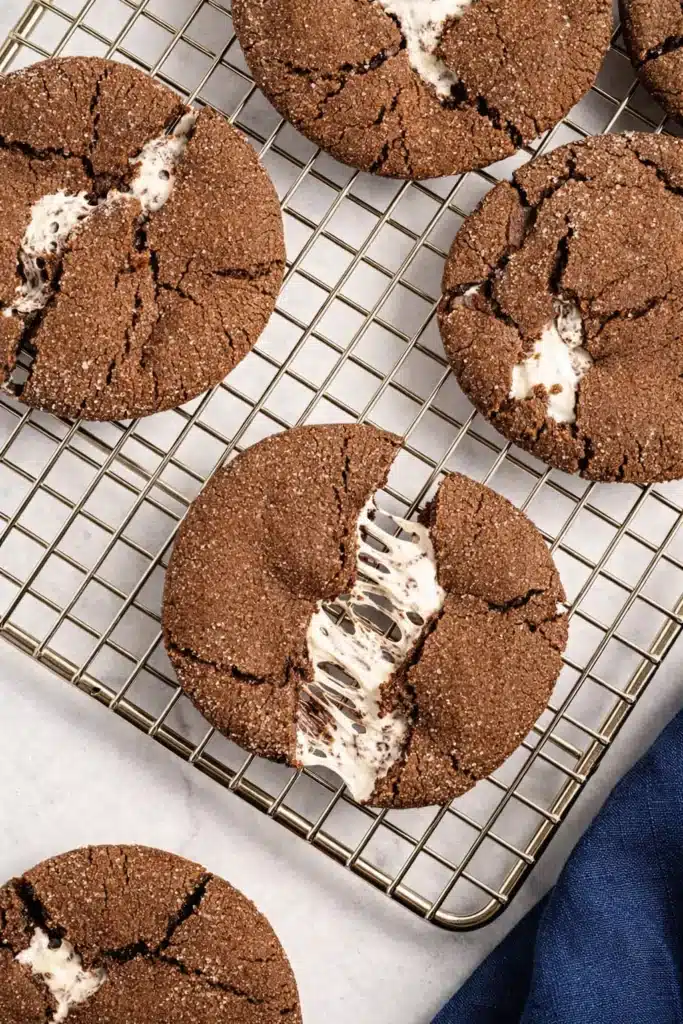 Hot chocolate cookies with gooey marshmallow centers on cooling rack and blue napkin