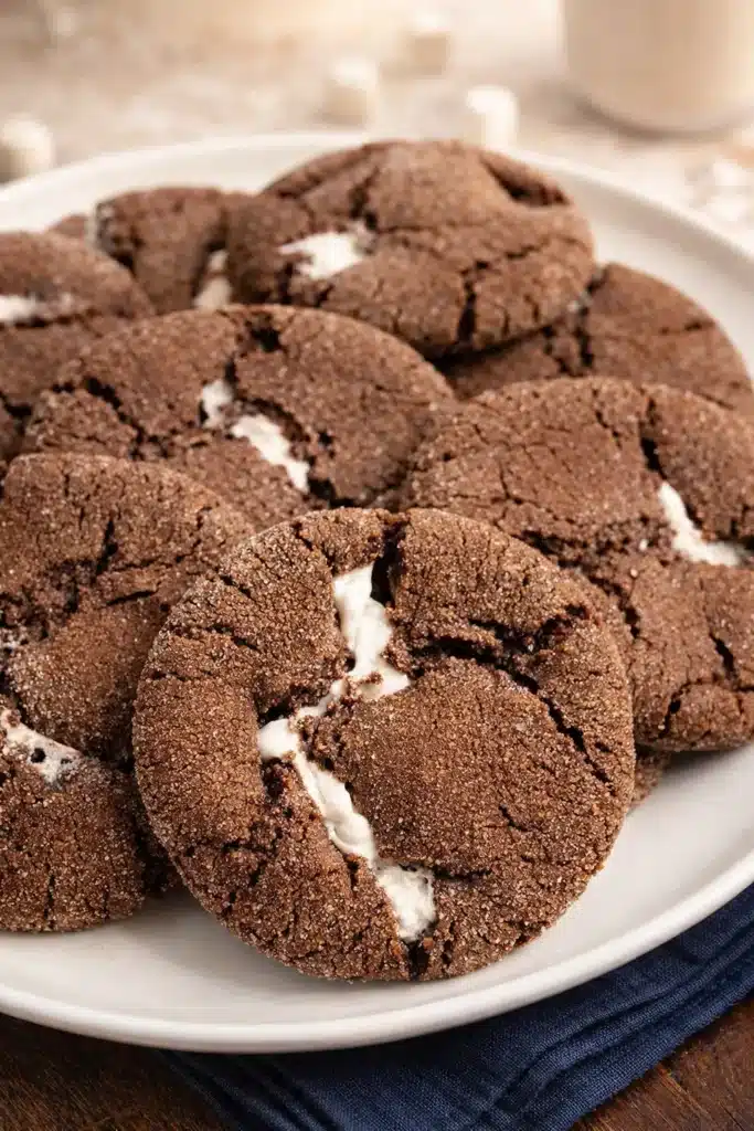 Hot chocolate cookies with gooey marshmallow centers on a white plate