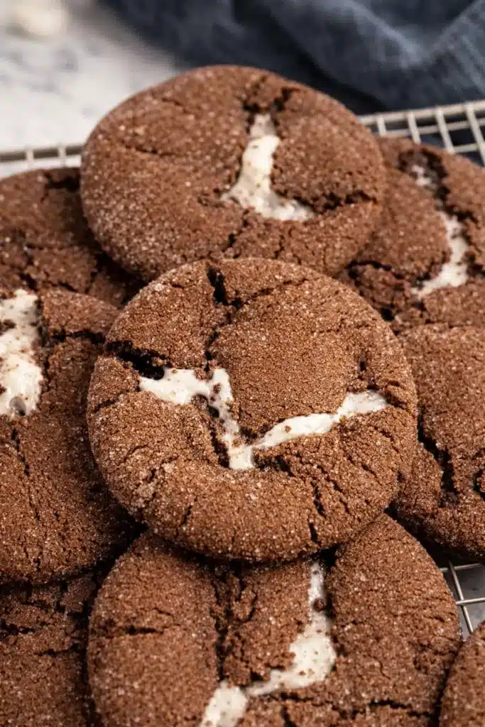 Hot chocolate cookies with gooey marshmallow centers on cooling rack and blue napkin