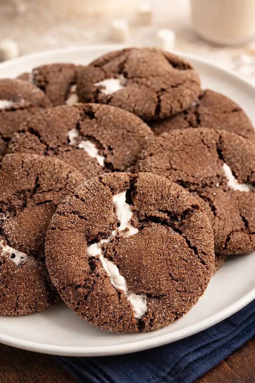 Hot chocolate cookies with gooey marshmallow centers on a white plate