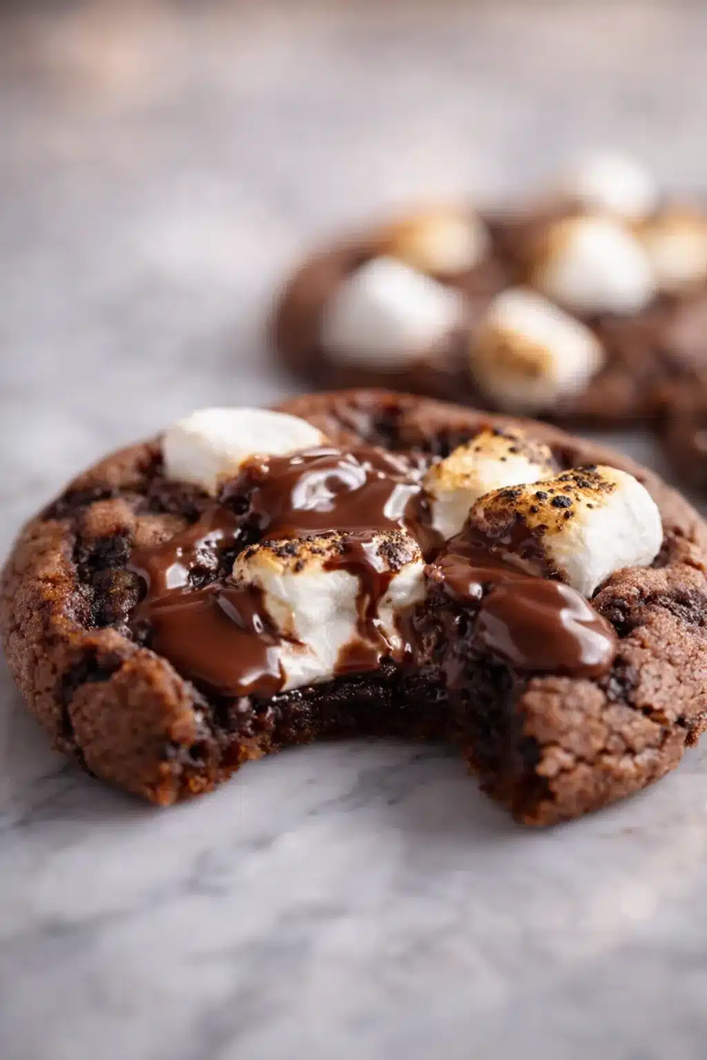 Gooey hot chocolate cookies with melted chocolate and toasted marshmallows