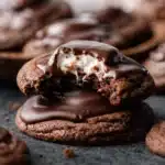 Close-up of hot cocoa cookies with glossy chocolate topping and gooey marshmallow filling