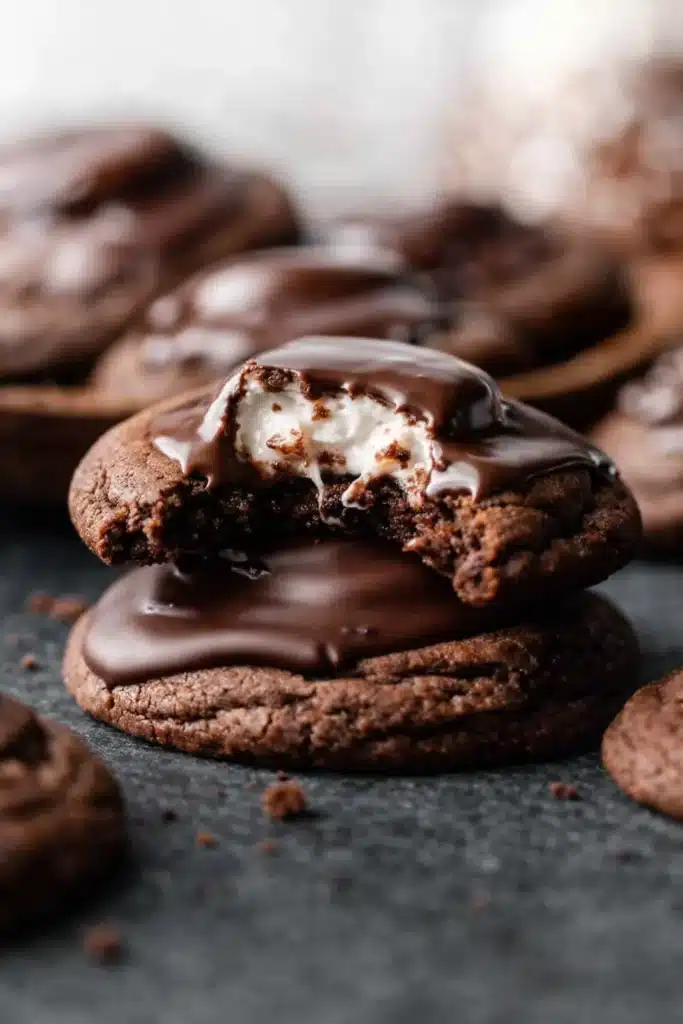 Close-up of hot cocoa cookies with glossy chocolate topping and gooey marshmallow filling