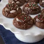 Hot cocoa cookies with marshmallows and chocolate icing on a cake stand