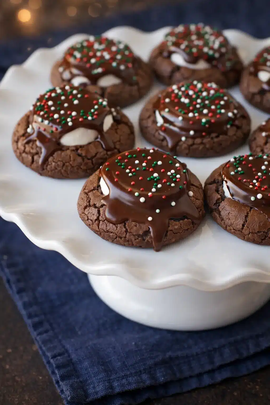 Hot cocoa cookies with marshmallows and chocolate icing on a cake stand