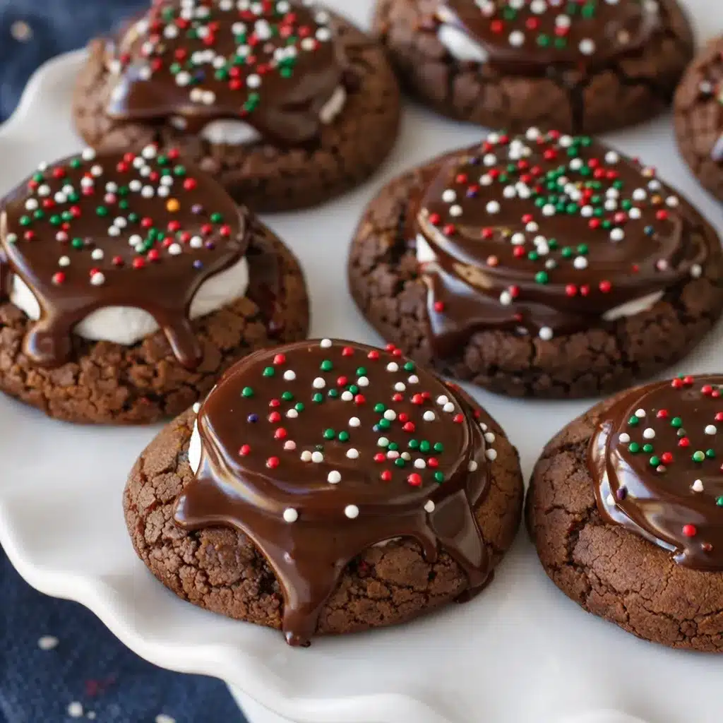 Hot cocoa cookies with marshmallows and chocolate icing on blue napkin