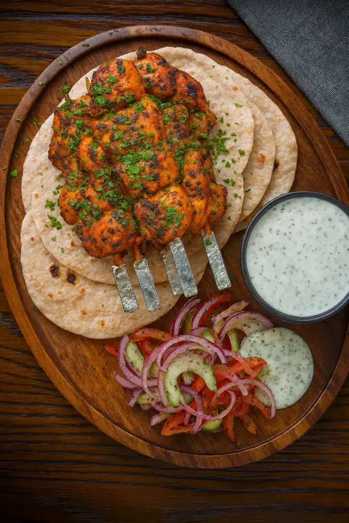 Indian Tandoori Chicken Tikka Kebab Skewers | Easy Dinner 10 Indian Tandoori Chicken Tikka Kebab Skewers platter with flatbread and yogurt sauce