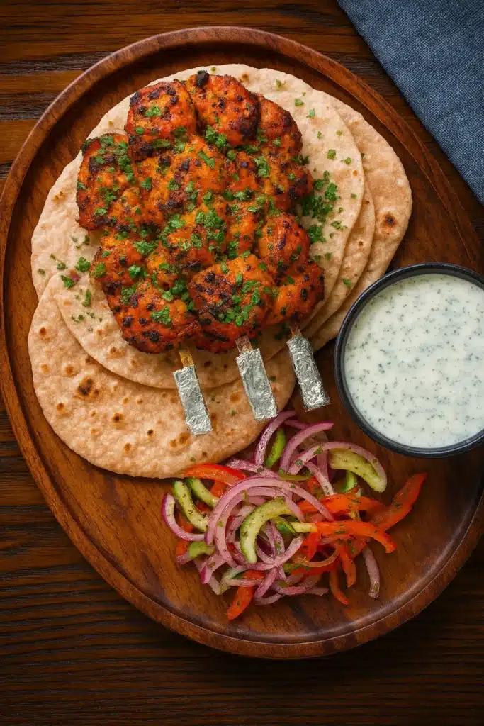 Indian Tandoori Chicken Tikka Kebab Skewers | Easy Dinner 8 Indian Tandoori Chicken Tikka Kebab Skewers on flatbread with mint sauce