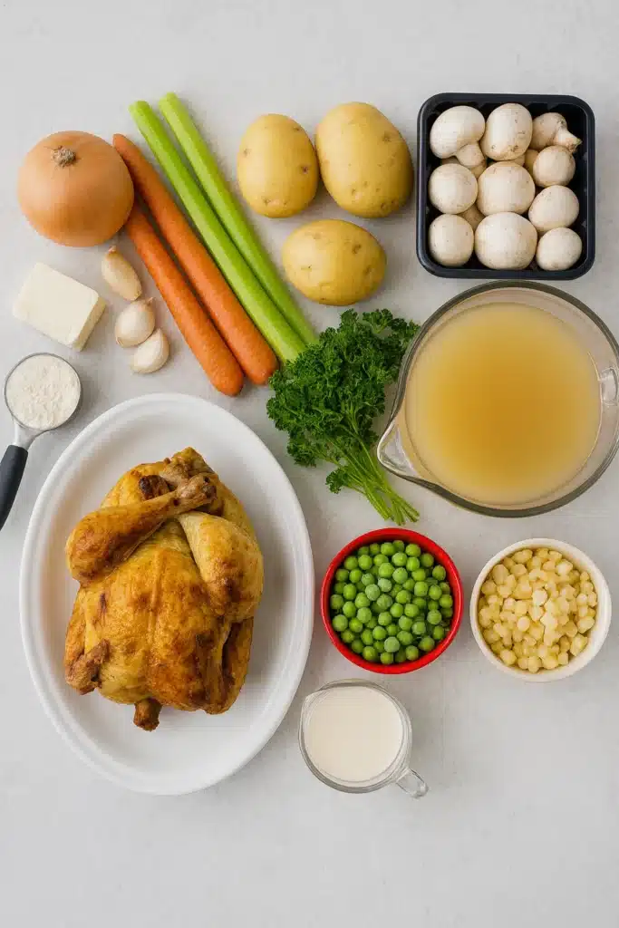 Easy Chicken Pot Pie Soup – Creamy Comfort Classic 6 Chicken pot pie soup ingredients on white-gray table