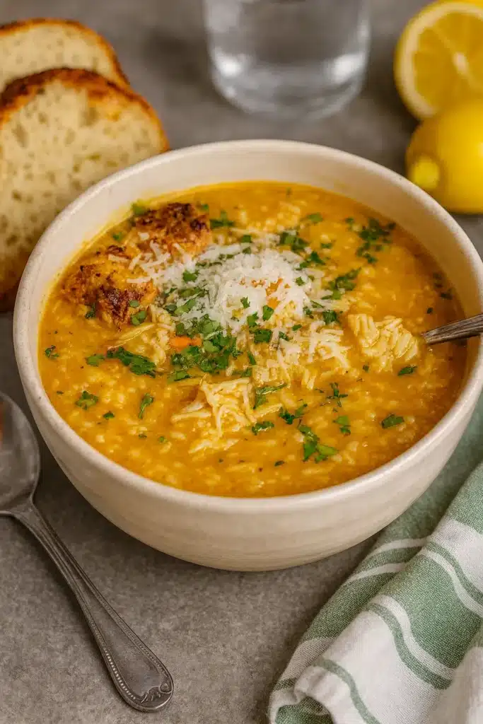 Easy Italian Penicillin Soup | Healing & Delicious Comfort 6 Italian Penicillin Soup in white bowl with chicken, cheese, and parsley