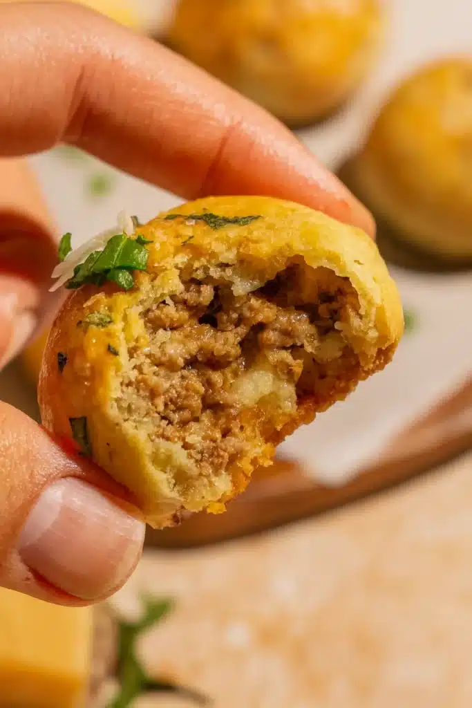 Close-up of a bitten Garlic Parmesan Cheeseburger Bomb showing beef and cheese filling