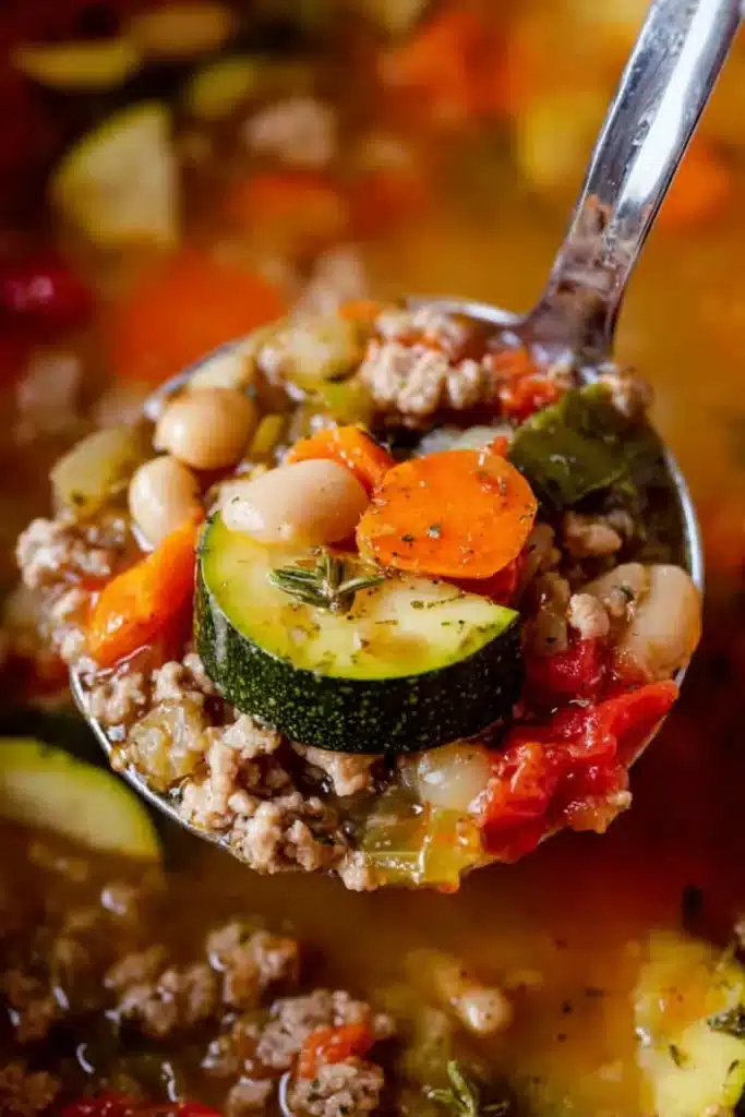 Ground Turkey Vegetable Soup | Simple & Healthy Comfort 10 Ladle lifting ground turkey vegetable soup with carrots, zucchini, and beans
