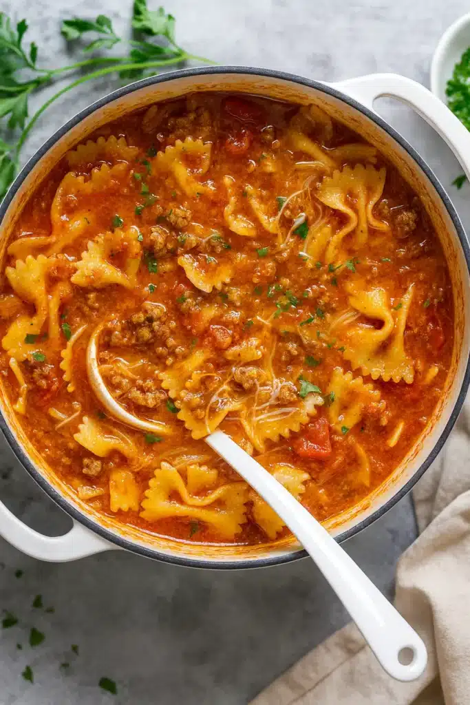 Lasagna Soup Recipe simmering in a white pot with pasta and tomato broth