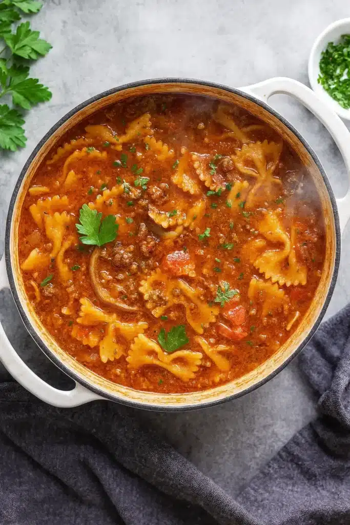 Lasagna Soup Recipe simmering in a white Dutch oven with parsley garnish