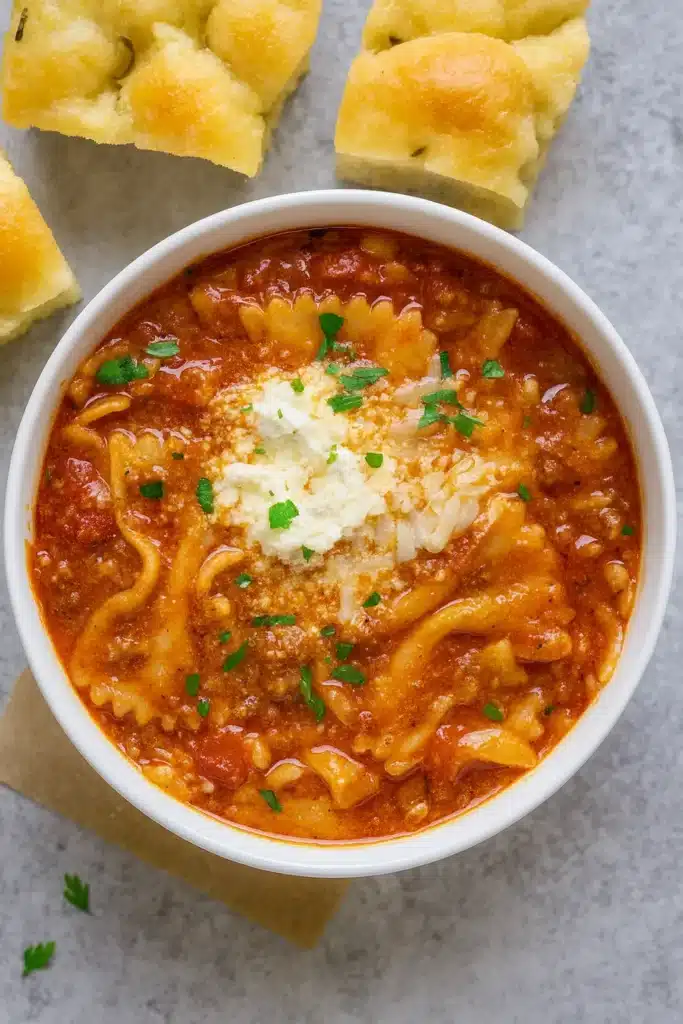 Lasagna Soup Recipe served in white bowl with ricotta and focaccia bread