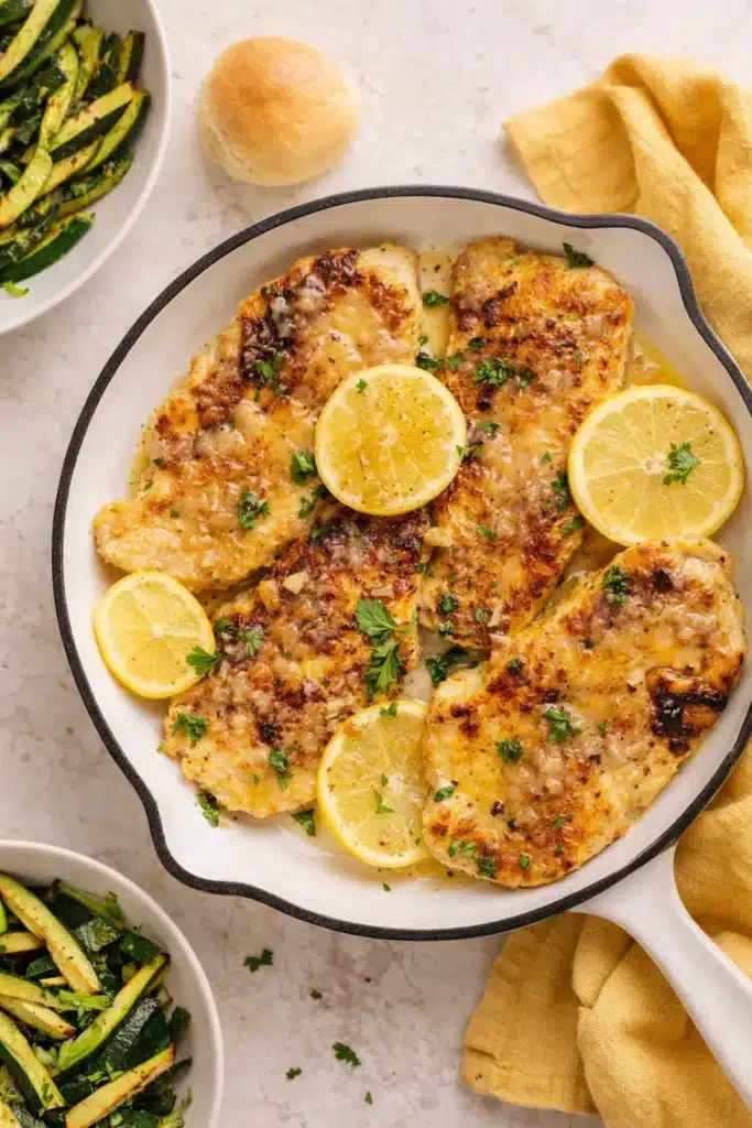 Golden lemon chicken in skillet with lemon slices and parsley garnish