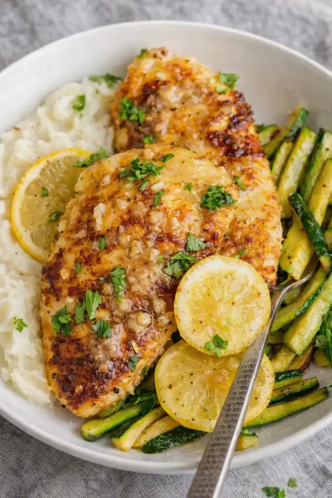 Lemon chicken with mashed potatoes and sautéed zucchini in lemon butter sauce