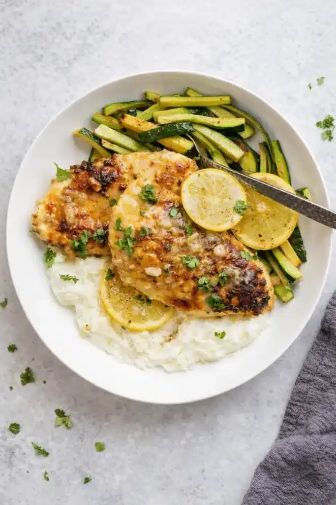 Lemon chicken served with mashed potatoes and sautéed zucchini