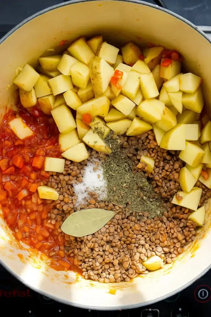 Lentils, potatoes, and herbs in a Dutch oven before adding broth
