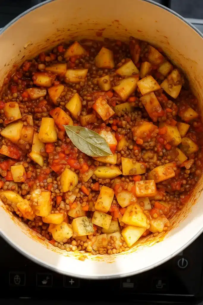 Lentils, potatoes, and carrots mixed with tomato sauce in Dutch oven