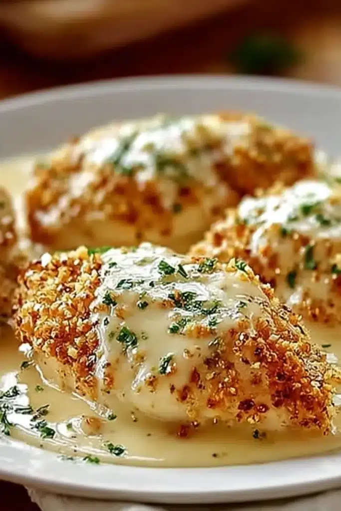 Golden Parmesan chicken baked in creamy garlic sauce with melted cheese