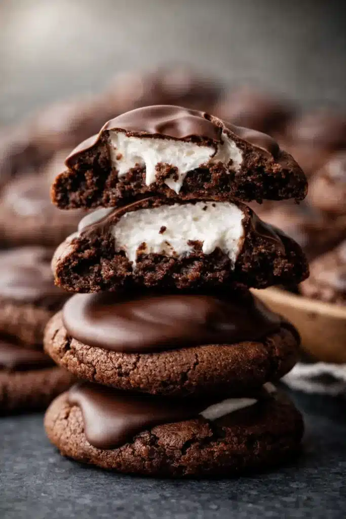 Stack of hot cocoa cookies with glossy chocolate and gooey marshmallow filling