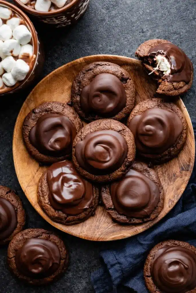 Top-down view of hot cocoa cookies with glossy chocolate topping and gooey marshmallow center