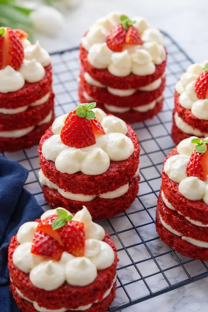Mini Red Velvet Cakes | Sweet Valentine’s Day Treats 12 Mini red velvet cakes with cream frosting and strawberries on a rack