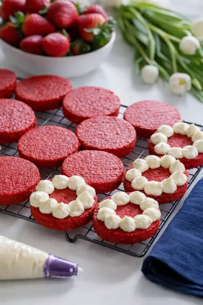 Mini Red Velvet Cakes | Sweet Valentine’s Day Treats 9 Mini red velvet cakes with piped frosting and strawberries on a rack