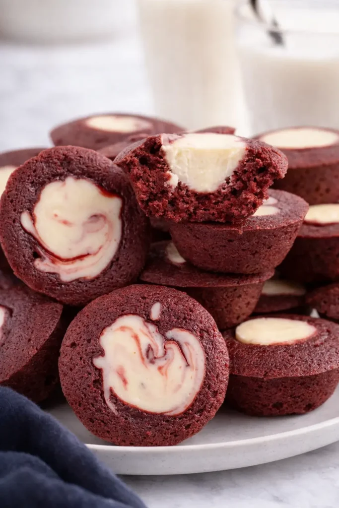 Mini Red Velvet Cheesecakes | Sweet, Creamy, and Irresistible 7 Stack of mini red velvet cheesecakes with creamy cheesecake centers