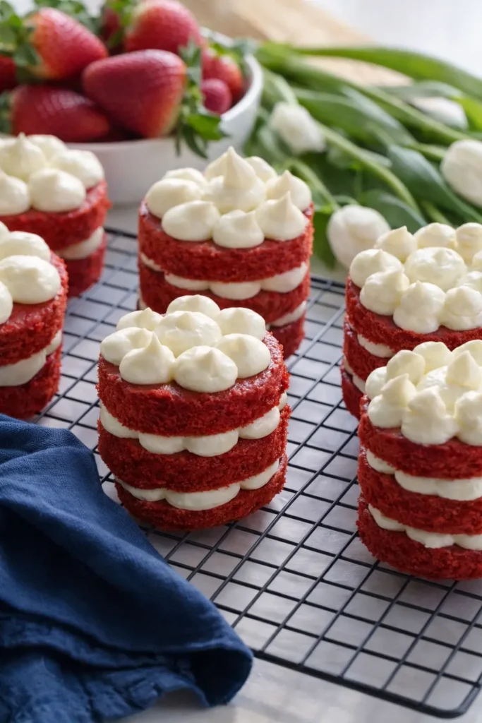 Mini Red Velvet Cakes | Sweet Valentine’s Day Treats 11 Mini red velvet layer cakes with cream frosting and strawberries