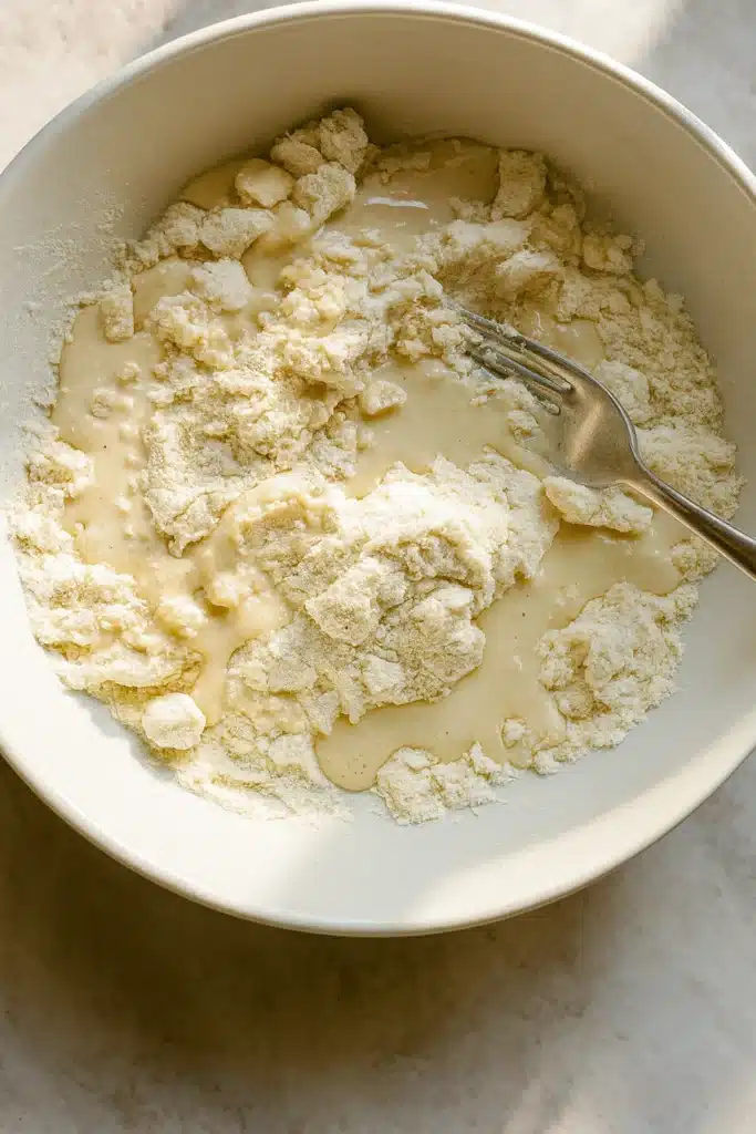 Partially mixed sourdough biscuit dough in bowl with fork