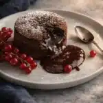 Molten chocolate lava cake with gooey center and red currants