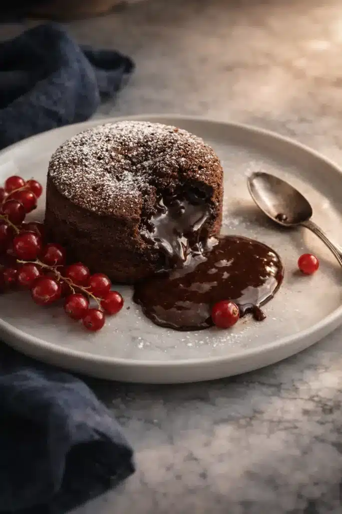 Molten Chocolate Lava Cake Recipe | Easy Valentine’s Treat 10 Molten chocolate lava cake with gooey center and red currants