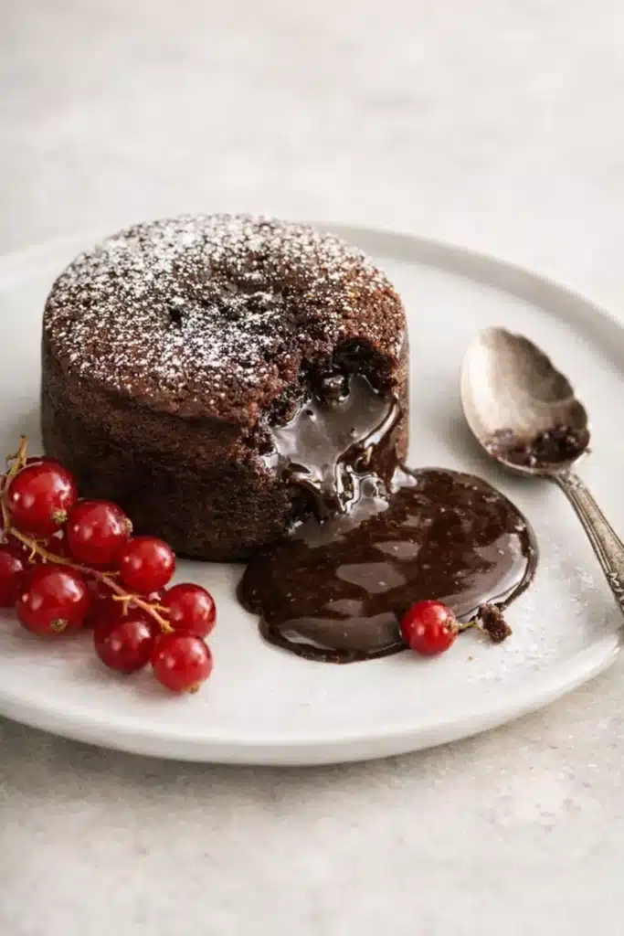 Molten Chocolate Lava Cake Recipe | Easy Valentine’s Treat 7 Molten chocolate lava cake with red currants on white plate