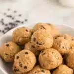 Bowl of no bake protein balls with oats and chocolate chips