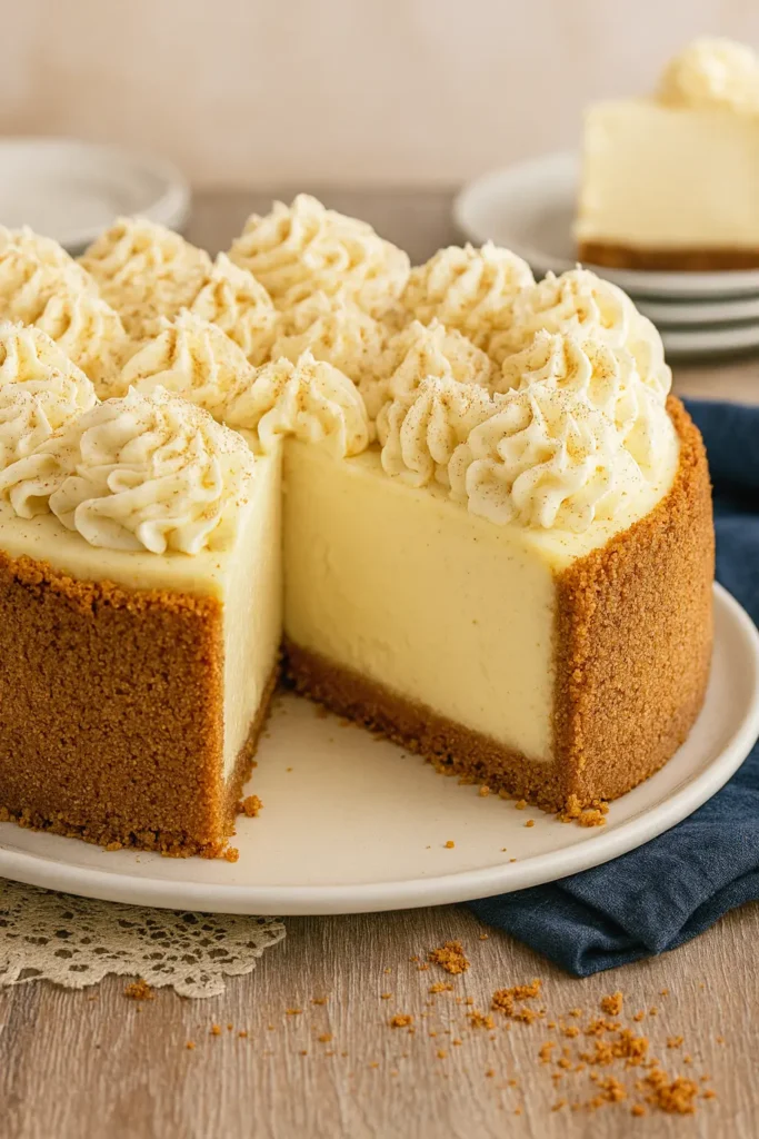 Nutmeg Eggnog Cheesecake – Creamy, Festive & Irresistible 5 Nutmeg eggnog cheesecake with slice removed showing creamy interior