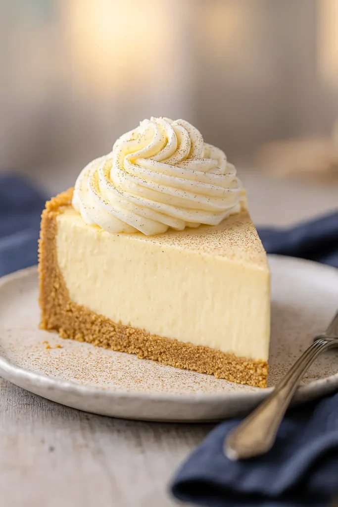 Nutmeg Eggnog Cheesecake – Creamy, Festive & Irresistible 6 Slice of nutmeg eggnog cheesecake with whipped cream on white-gray table