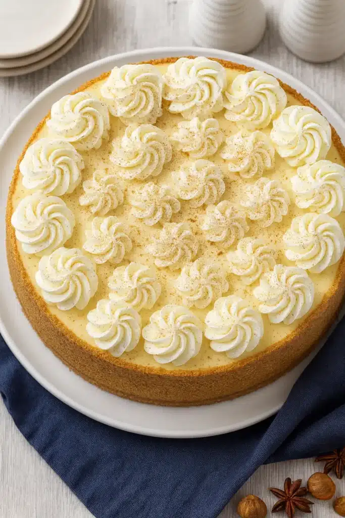 Nutmeg eggnog cheesecake topped with whipped cream and nutmeg on a white plate