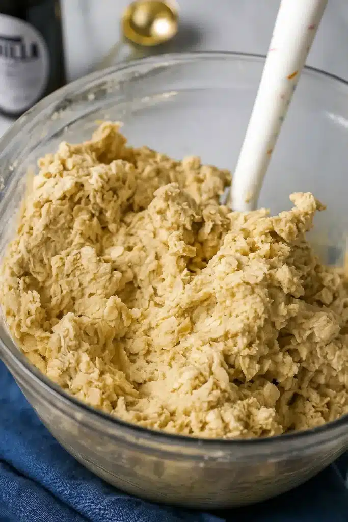 Oatmeal Cookies Recipe – Chewy, Warm & Irresistible 8 Oatmeal cookie dough in glass bowl with blue napkin