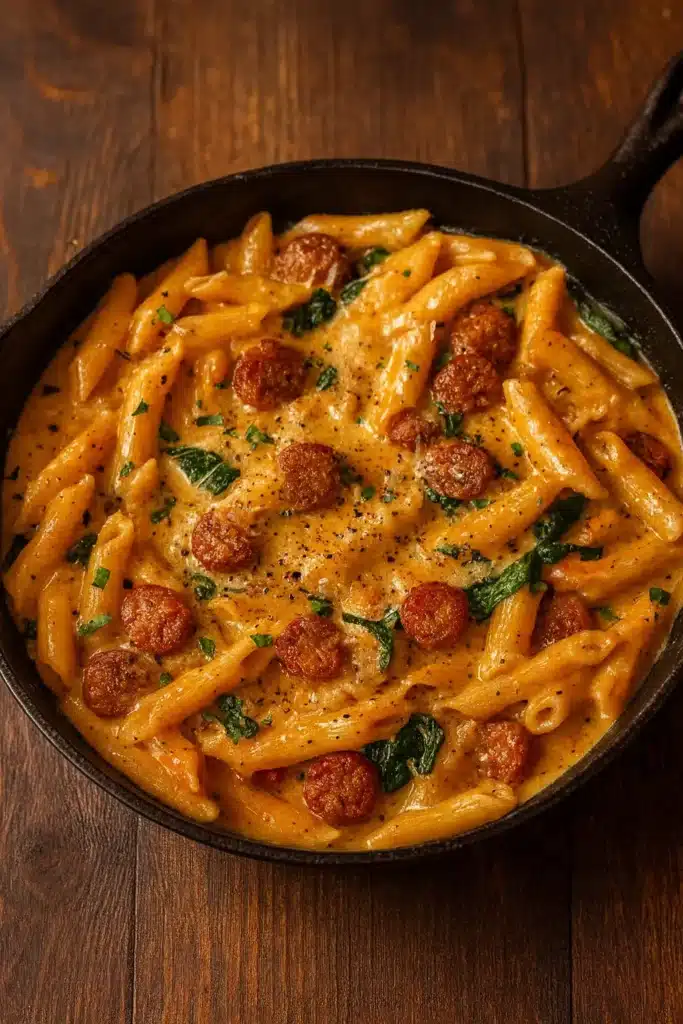 One Pot Creamy Cajun Sausage Pasta | Easy 30-Min Dinner 6 Creamy Cajun sausage pasta in skillet with penne and spinach