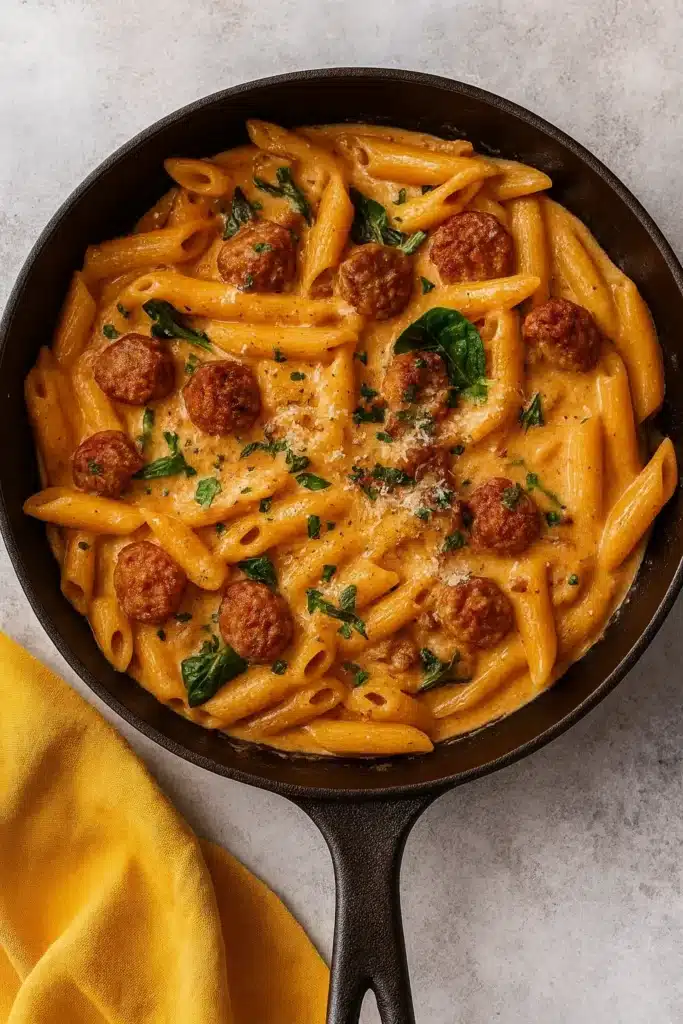 One pot creamy Cajun sausage pasta with penne in a rich sauce