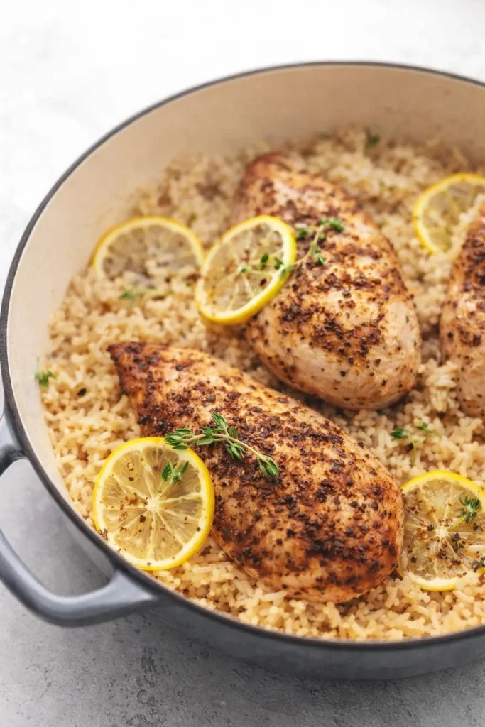 one pot lemon herb chicken and rice in skillet with lemon slices