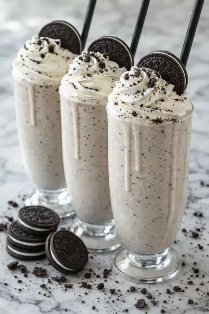 Cookies and cream milkshake topped with whipped cream and Oreo cookies on a marble surface