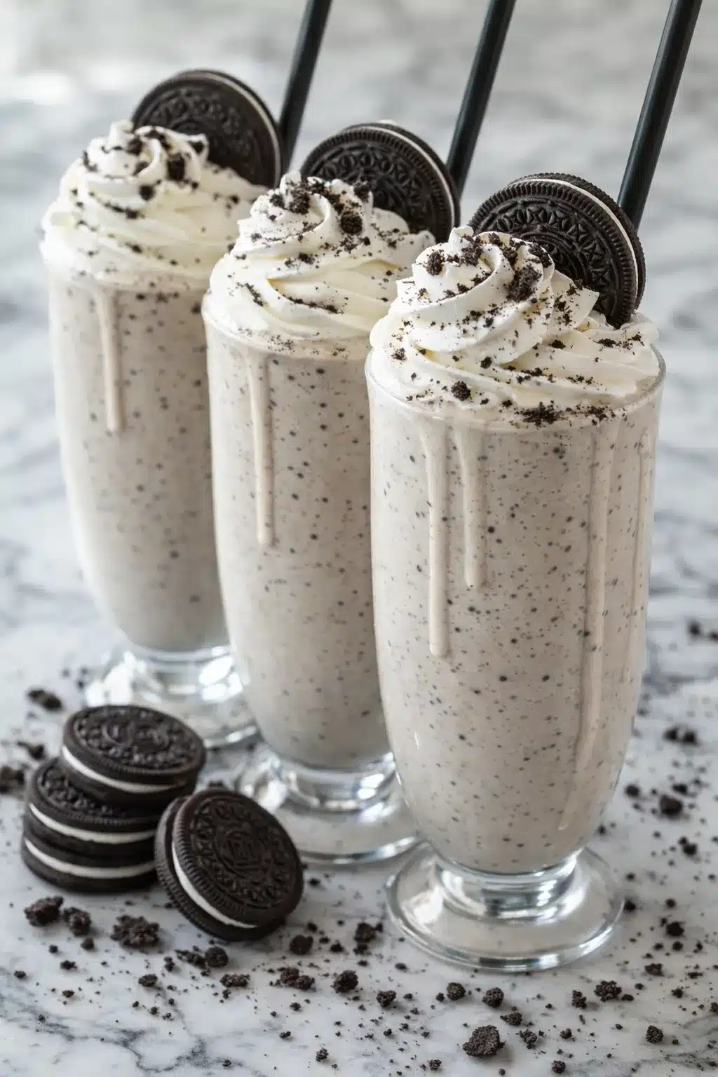 Cookies and cream milkshake topped with whipped cream and Oreo cookies on a marble surface